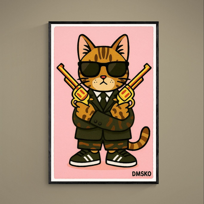 Pop-art tiger in sunglasses and camouflage suit with crossed gold revolvers on a pink poster background