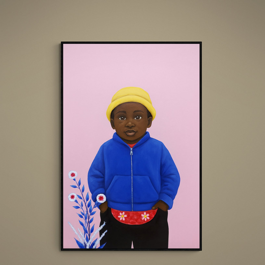Illustrated child in yellow beanie and blue jacket on pink background with small floral accents