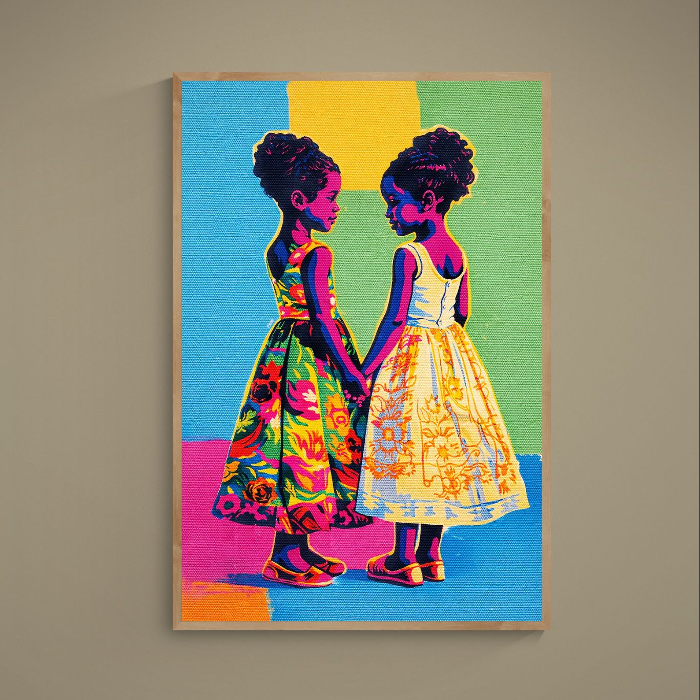 Pop-art poster of two girls holding hands in floral dresses against colorful block panels