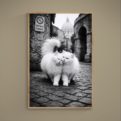 Black and white poster of two white cats nuzzling on a cobblestone street in Rome