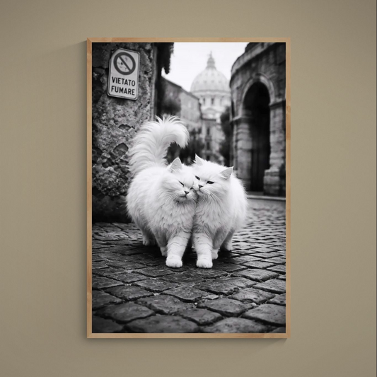 Black and white poster of two white cats nuzzling on a cobblestone street in Rome