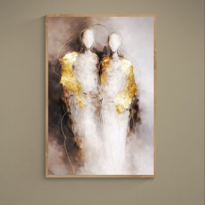 Abstract poster of two faceless elongated figures in beige, gray and gold tones