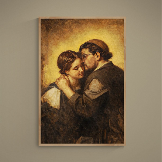 Warm brown figurative poster showing two figures in a close embrace with chiaroscuro shadows