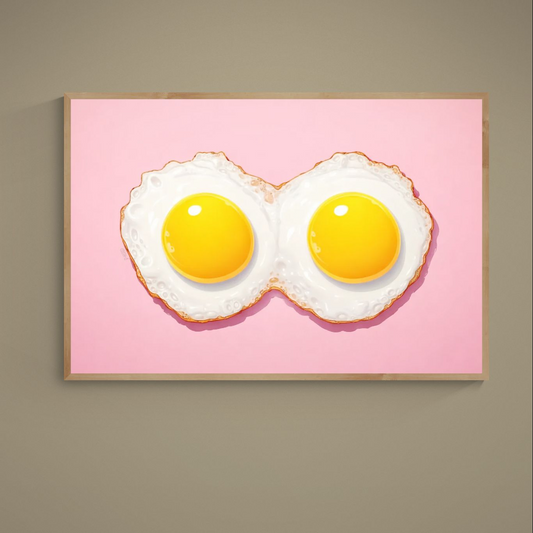 Two sunny-side-up eggs with yellow yolks on a solid pink background, unframed pop art poster