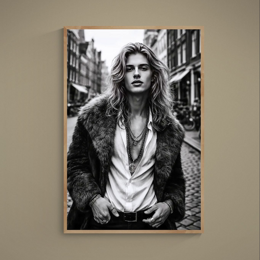 Black-and-white portrait poster of a model in fur coat and jewelry on a blurred European street