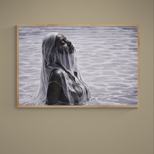 Monochrome portrait poster of a veiled woman rising from water on matte paper