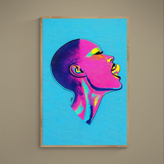 Pop art female profile poster with turquoise background, neon pink hair and black graphic outlines