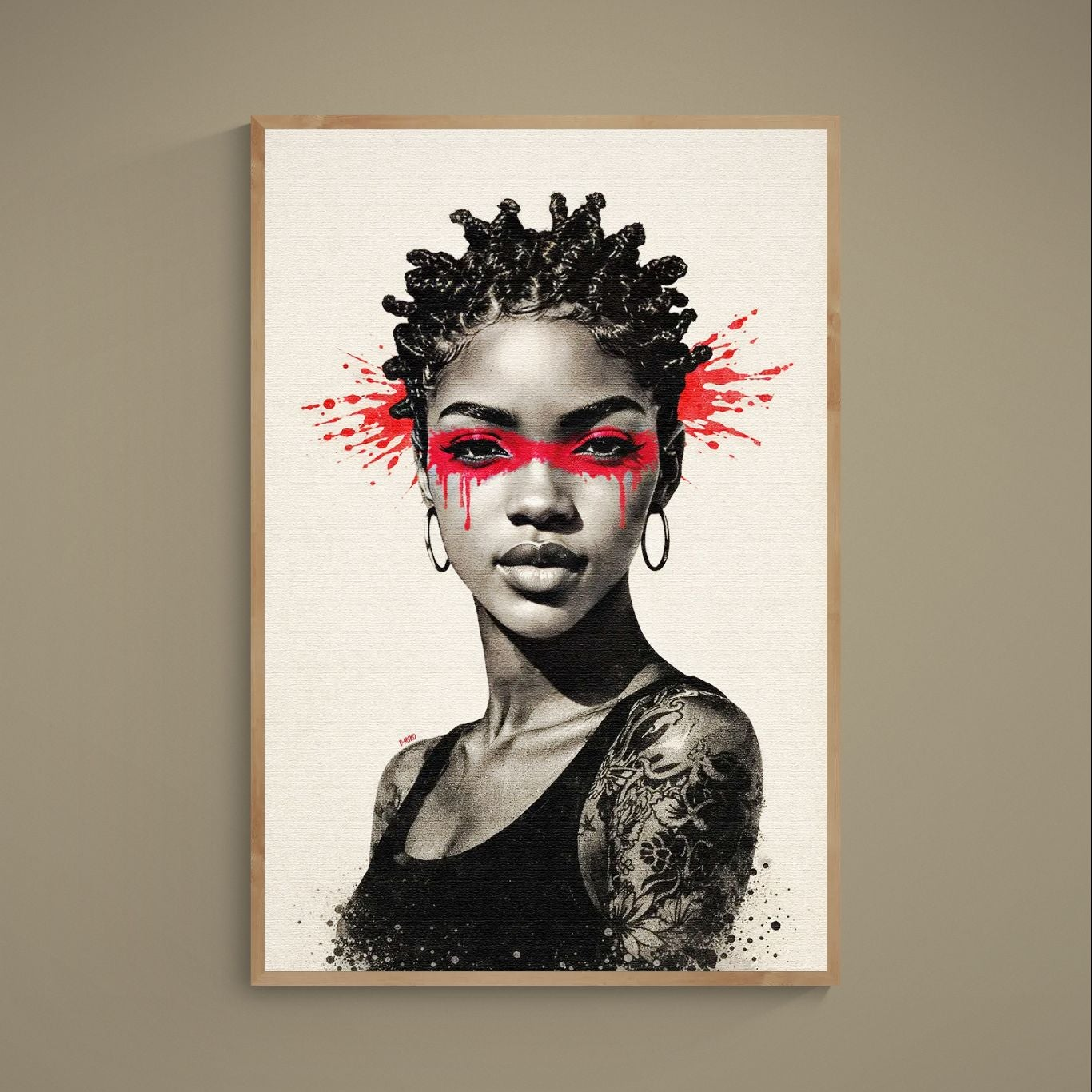 Black and white portrait poster with red paint mask, hoop earrings, tattooed shoulder, and beige background