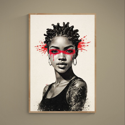 Black and white portrait poster with red paint mask, hoop earrings, tattooed shoulder, and beige background