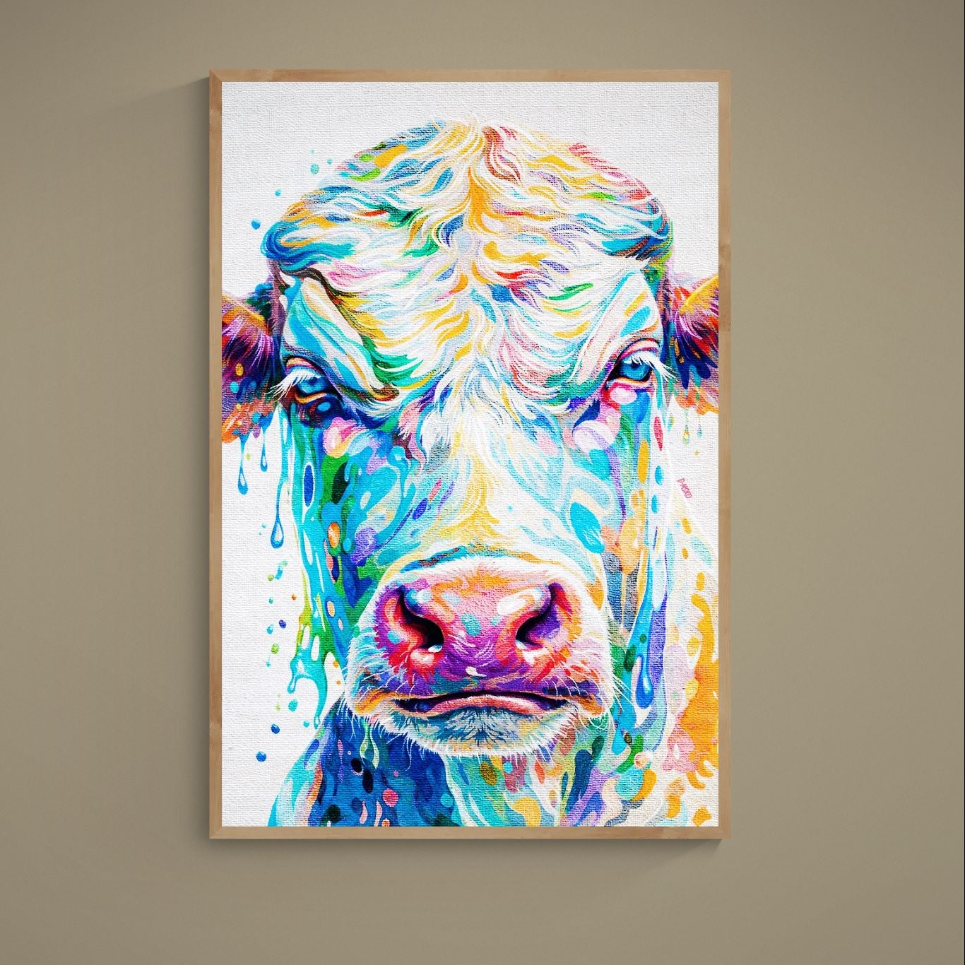 Colorful close-up cow portrait poster with paint drips and Damsko signature