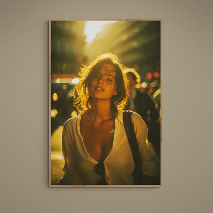 Backlit female portrait with golden city bokeh on an unframed matte paper poster