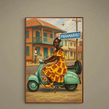 Woman in yellow dress on turquoise scooter by Paramaribo sign and colonial timber buildings