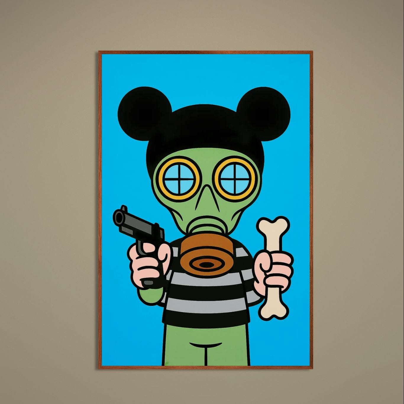 Pop art gas mask mascot poster on bright blue background with crosshair goggles, pistol and bone