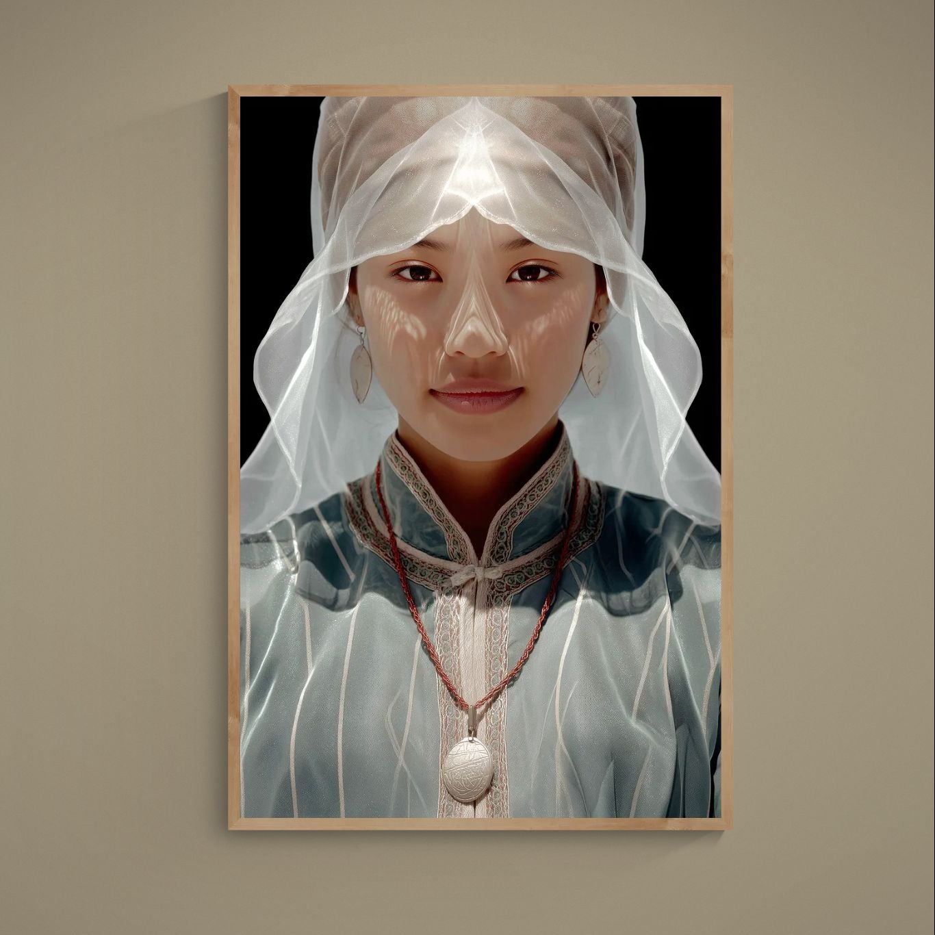 Photorealistic veiled woman portrait on black background with embroidered collar, medallion, and earrings