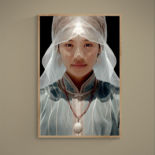 Photorealistic veiled woman portrait on black background with embroidered collar, medallion, and earrings