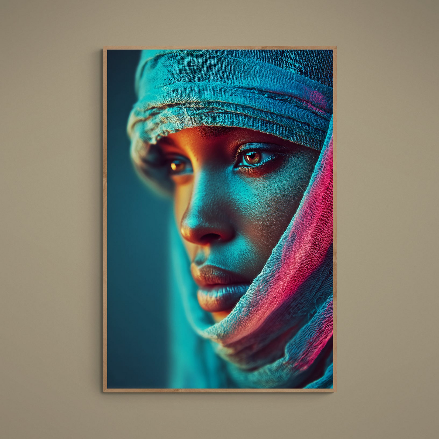 Close-up Afrocentric portrait with gauze headwrap and turquoise-pink neon side lighting
