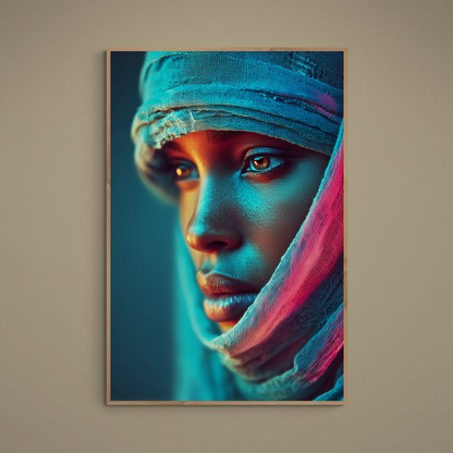Close-up Afrocentric portrait with gauze headwrap and turquoise-pink neon side lighting