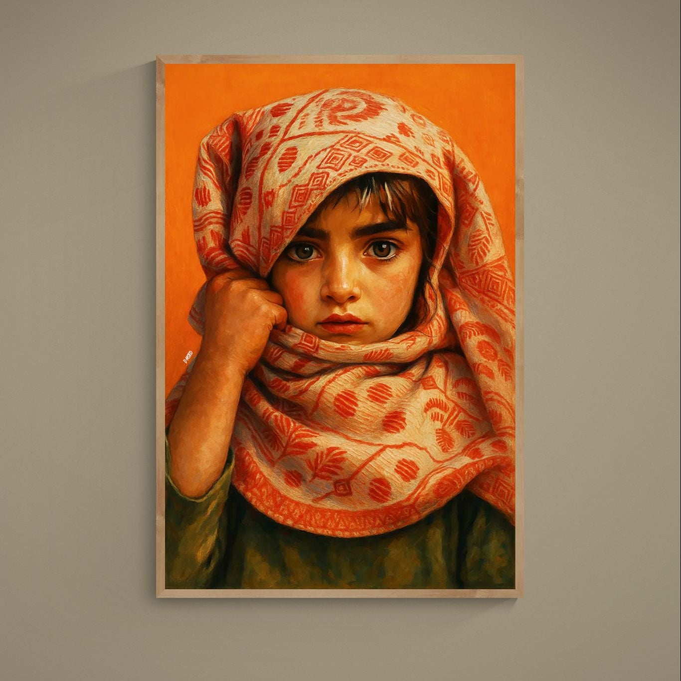 Photorealistic portrait of a girl in patterned headscarf against an orange background on matte poster