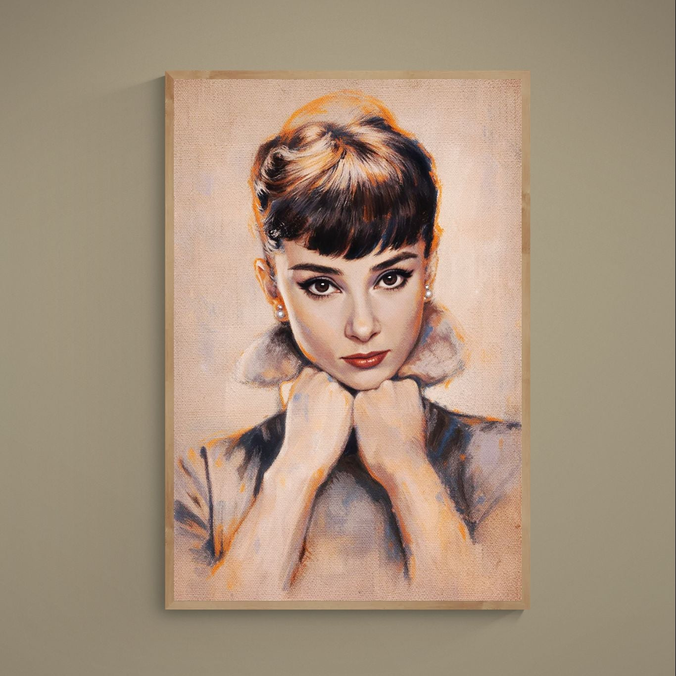Vintage-style close-up female portrait poster with pearl earring, beige background, and warm orange highlights
