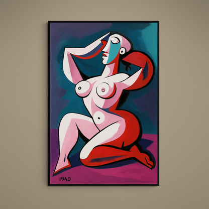 Cubist reclining female nude poster in pink, red, turquoise and black with printed 1940 date
