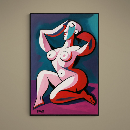 Cubist reclining female nude poster in pink, red, turquoise and black with printed 1940 date