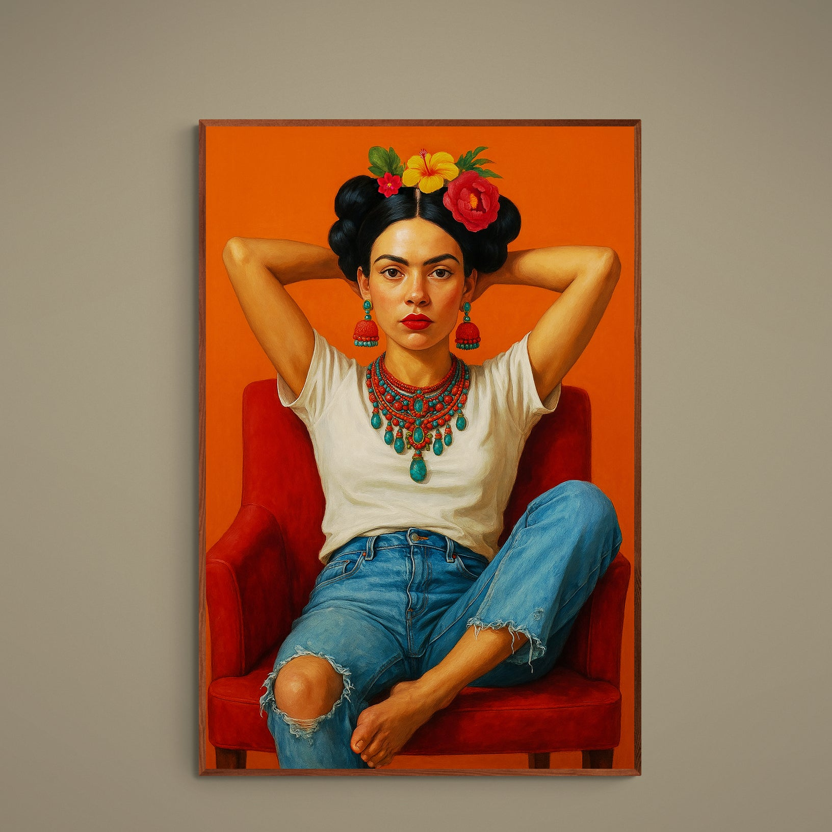 Seated woman in red chair with floral crown and turquoise necklace on orange background