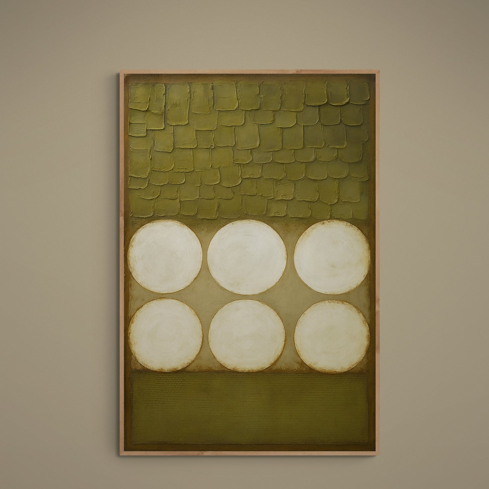 Six cream circles on an olive green textured abstract matte paper poster