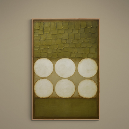 Six cream circles on an olive green textured abstract matte paper poster