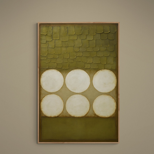 Six cream circles on an olive green textured abstract matte paper poster