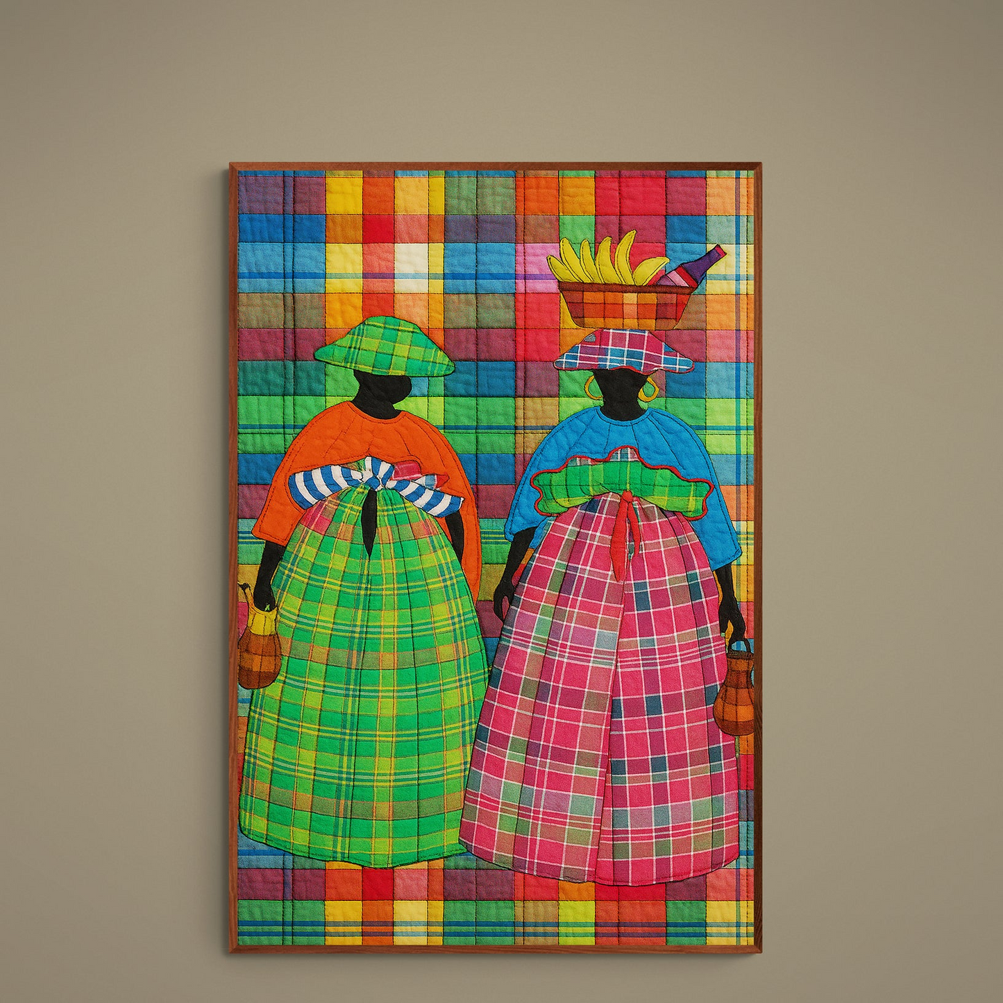 Two silhouetted women in headwraps and plaid skirts on a colorful checkered madras background