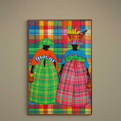 Two silhouetted women in headwraps and plaid skirts on a colorful checkered madras background