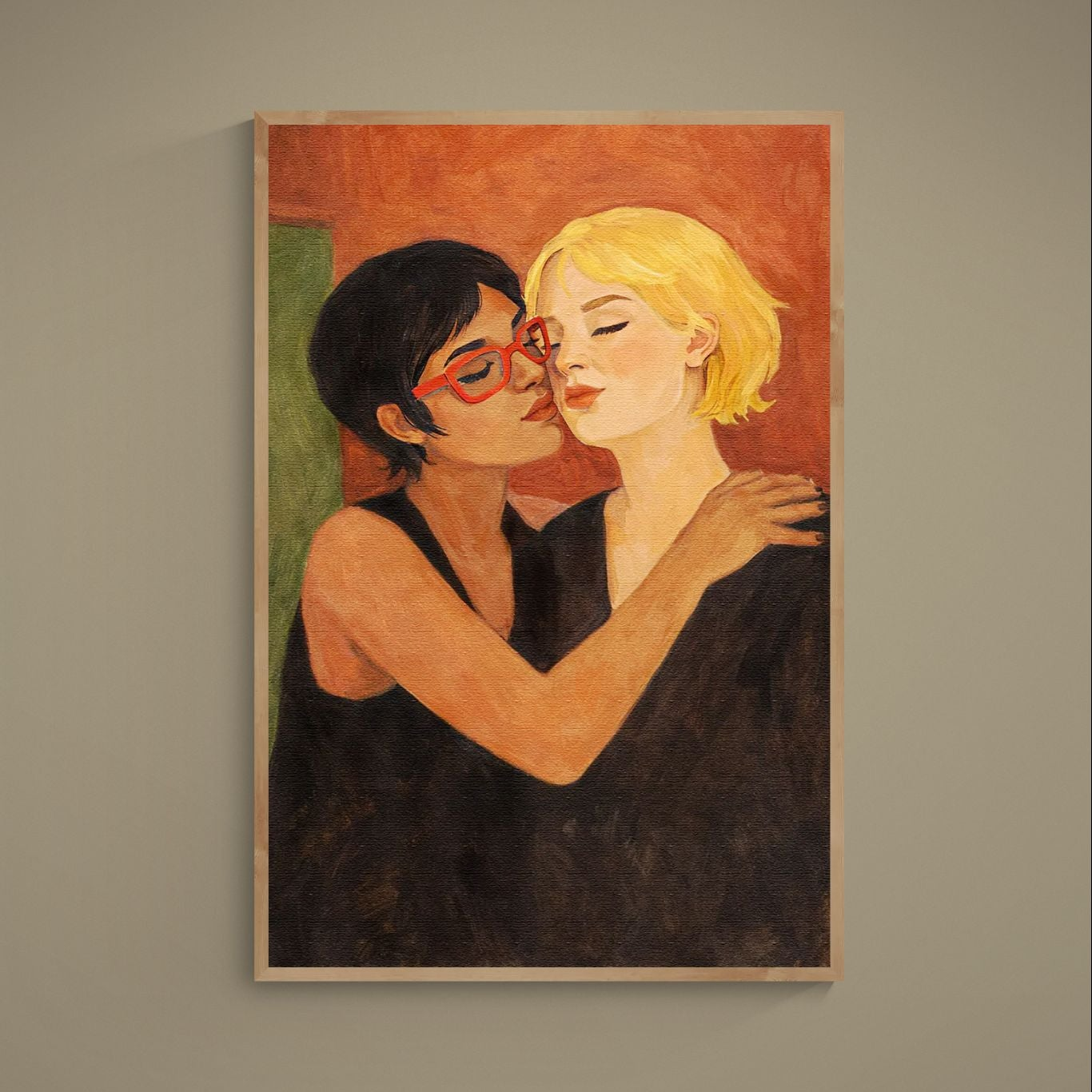 Contemporary couple portrait poster in warm earth tones with red glasses accent on matte paper