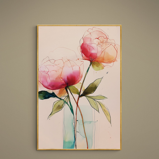 Blush watercolor peonies with fine linework and turquoise vase wash on beige matte poster
