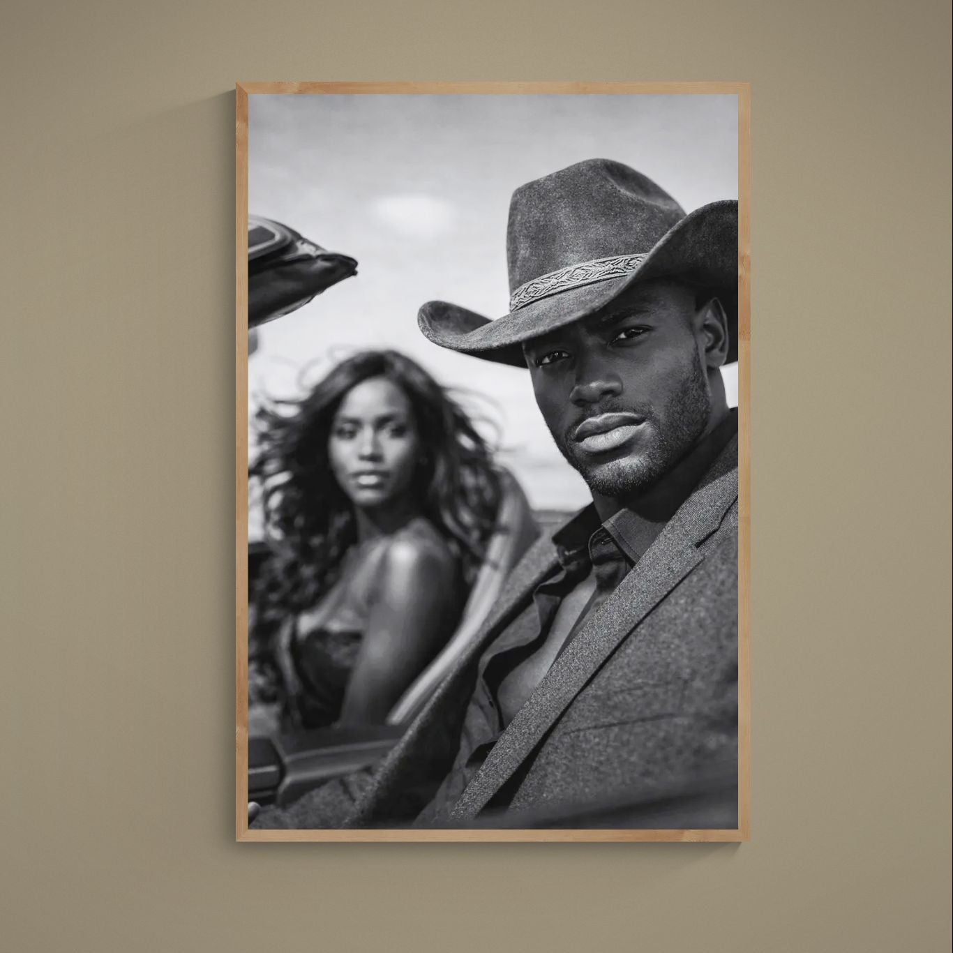 Black cowboy Western-noir portrait poster in crisp black-and-white, close-up with blurred woman behind, vertical matte paper.