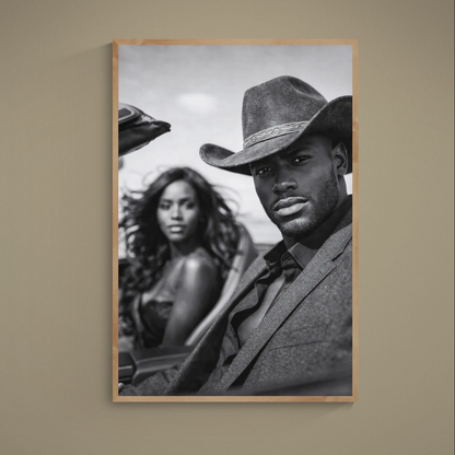 Black cowboy Western-noir portrait poster in crisp black-and-white, close-up with blurred woman behind, vertical matte paper.