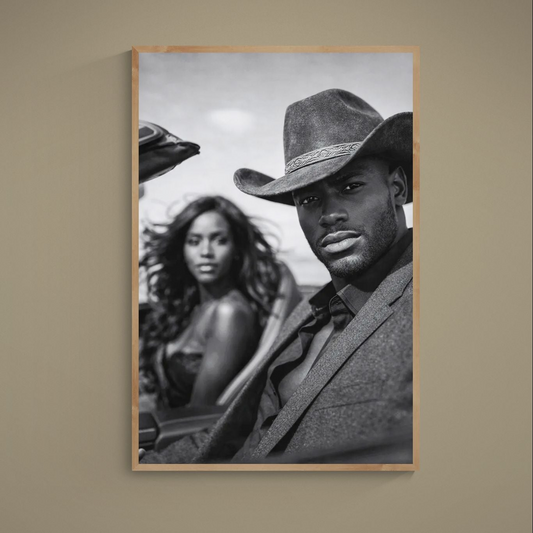 Black cowboy Western-noir portrait poster in crisp black-and-white, close-up with blurred woman behind, vertical matte paper.
