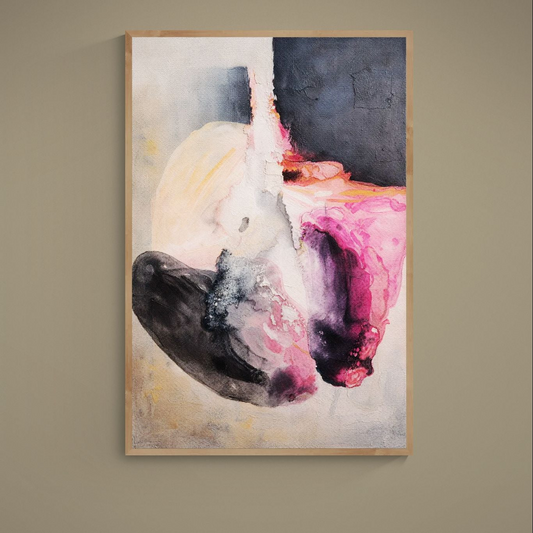 Vertical abstract matte poster with beige ground, pink purple washes, and black gray painterly forms