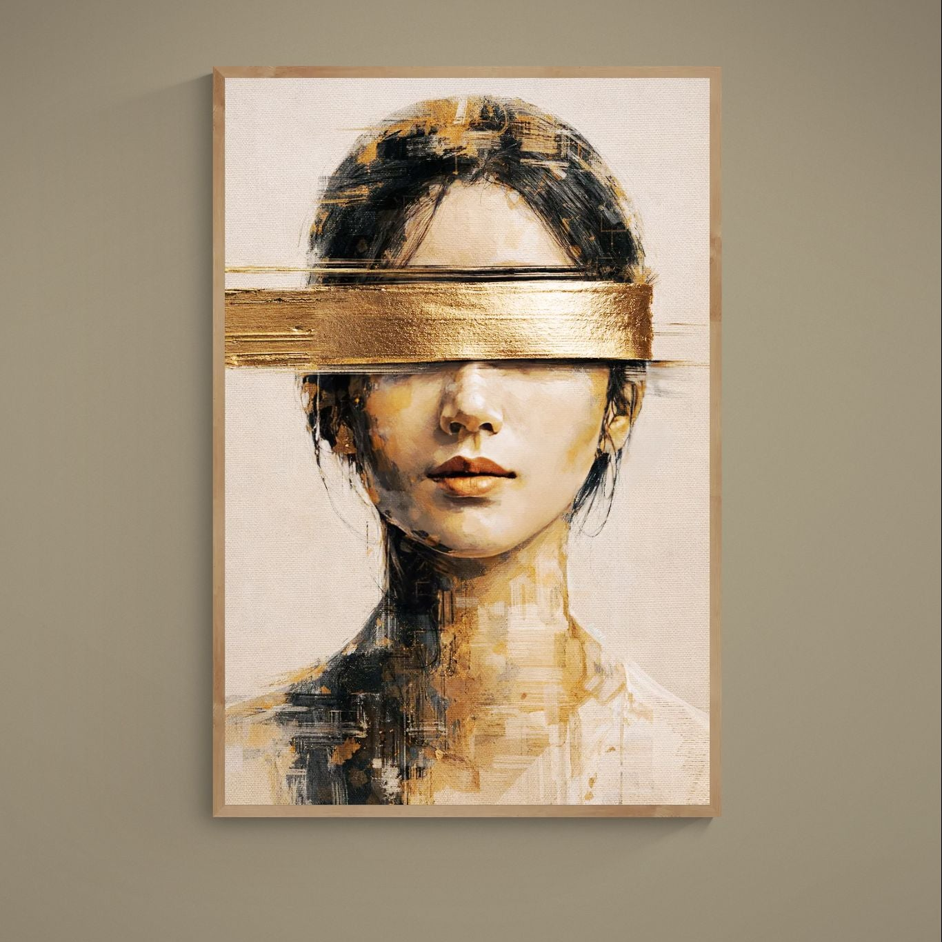 Abstract female portrait poster with metallic gold band over the eyes on a beige textured background