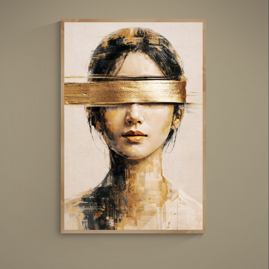 Abstract female portrait poster with metallic gold band over the eyes on a beige textured background