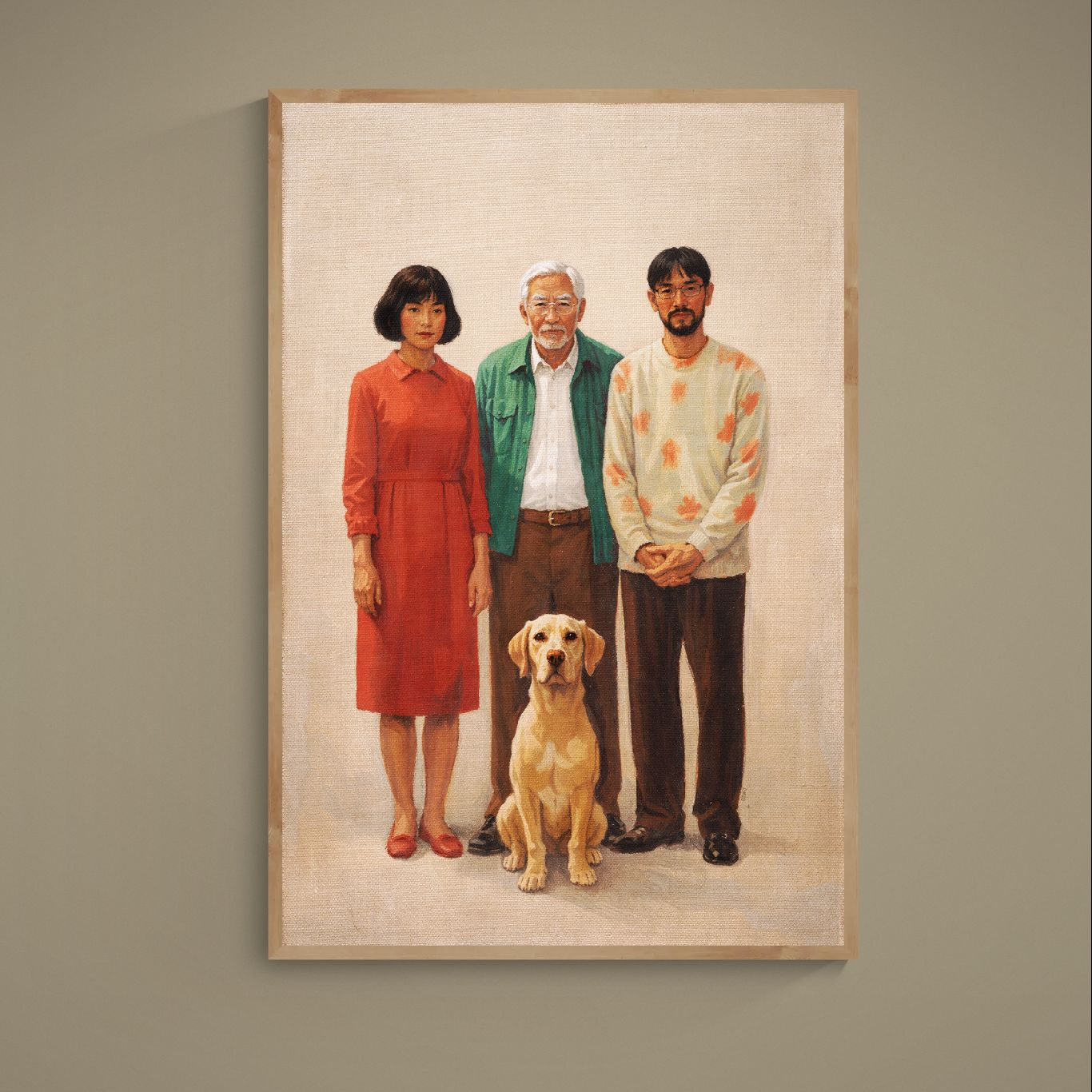 Vertical realist portrait poster of three standing people with a seated dog on a beige background
