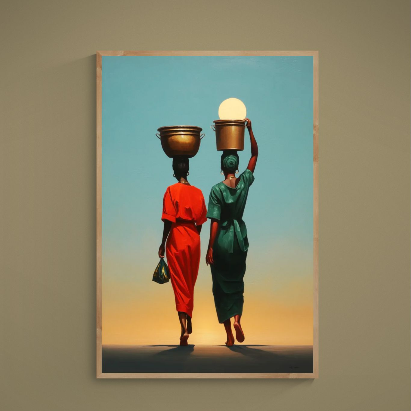 Poster of two women carrying metal vessels toward a glowing horizon under a turquoise sky