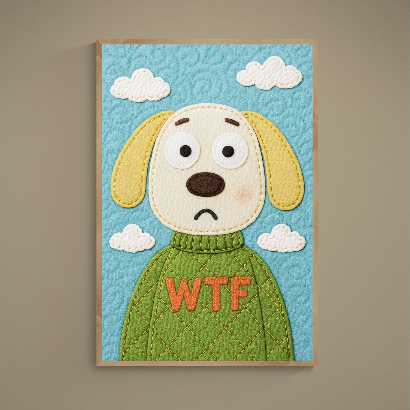 Cartoon puppy in green WTF sweater on blue sky quilt-effect matte poster