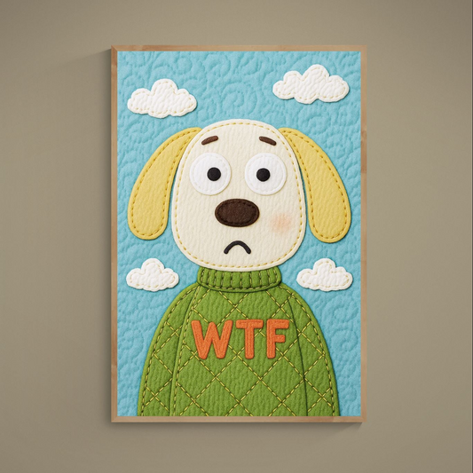 Cartoon puppy in green WTF sweater on blue sky quilt-effect matte poster