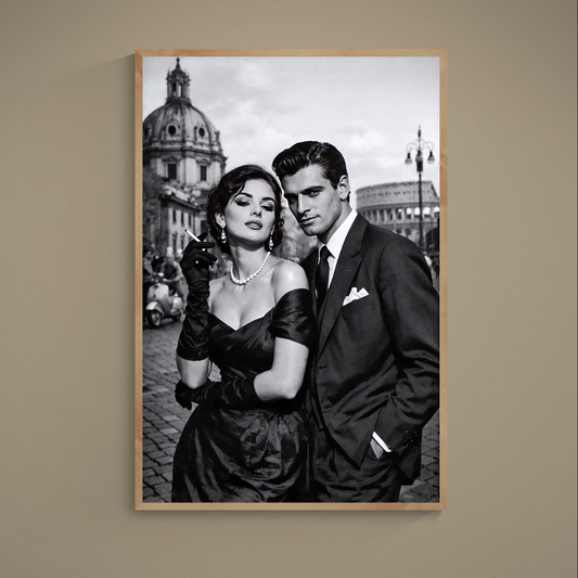 Black-and-white poster of glamorous mid-century couple with Rome landmarks behind them