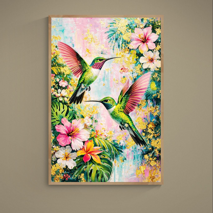 Two colorful hummingbirds among tropical flowers and green leaves with gold accents on a matte poster