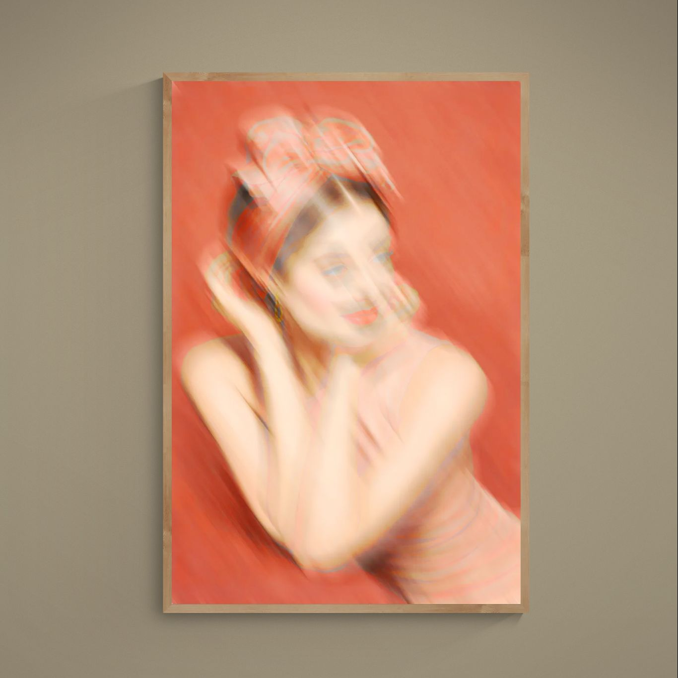Soft-focus portrait of woman in pink dress and headscarf on coral-red background