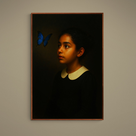 Photorealistic girl in profile gazing at a vivid blue butterfly on a dark background