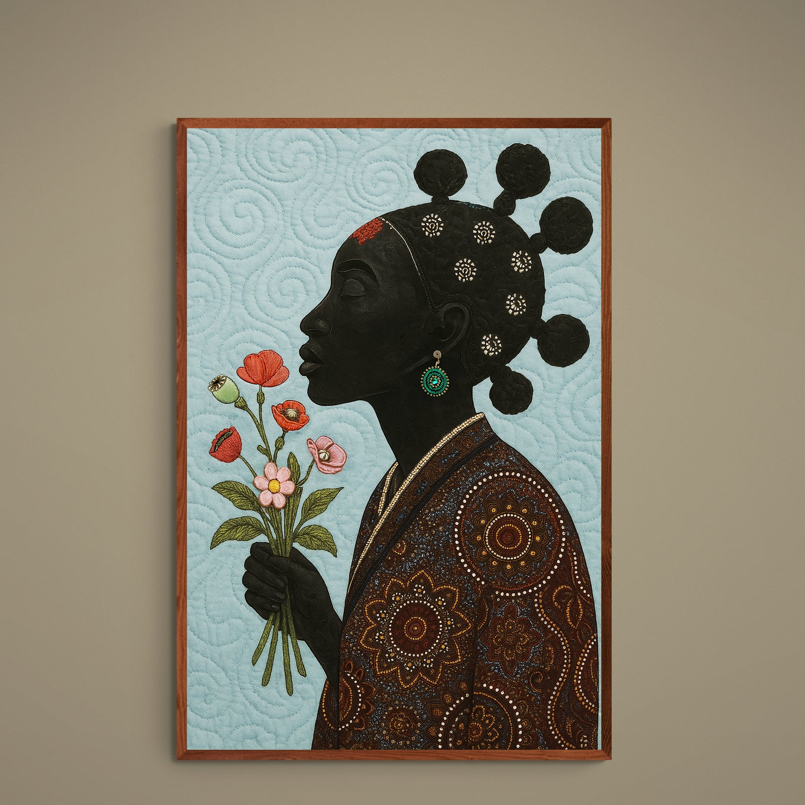 Black female profile silhouette with bouquet on turquoise textile-inspired background