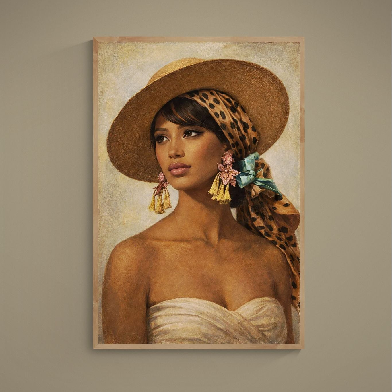 Vintage fashion portrait poster of woman in straw hat, leopard headscarf and gold tassel earrings