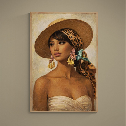 Vintage fashion portrait poster of woman in straw hat, leopard headscarf and gold tassel earrings